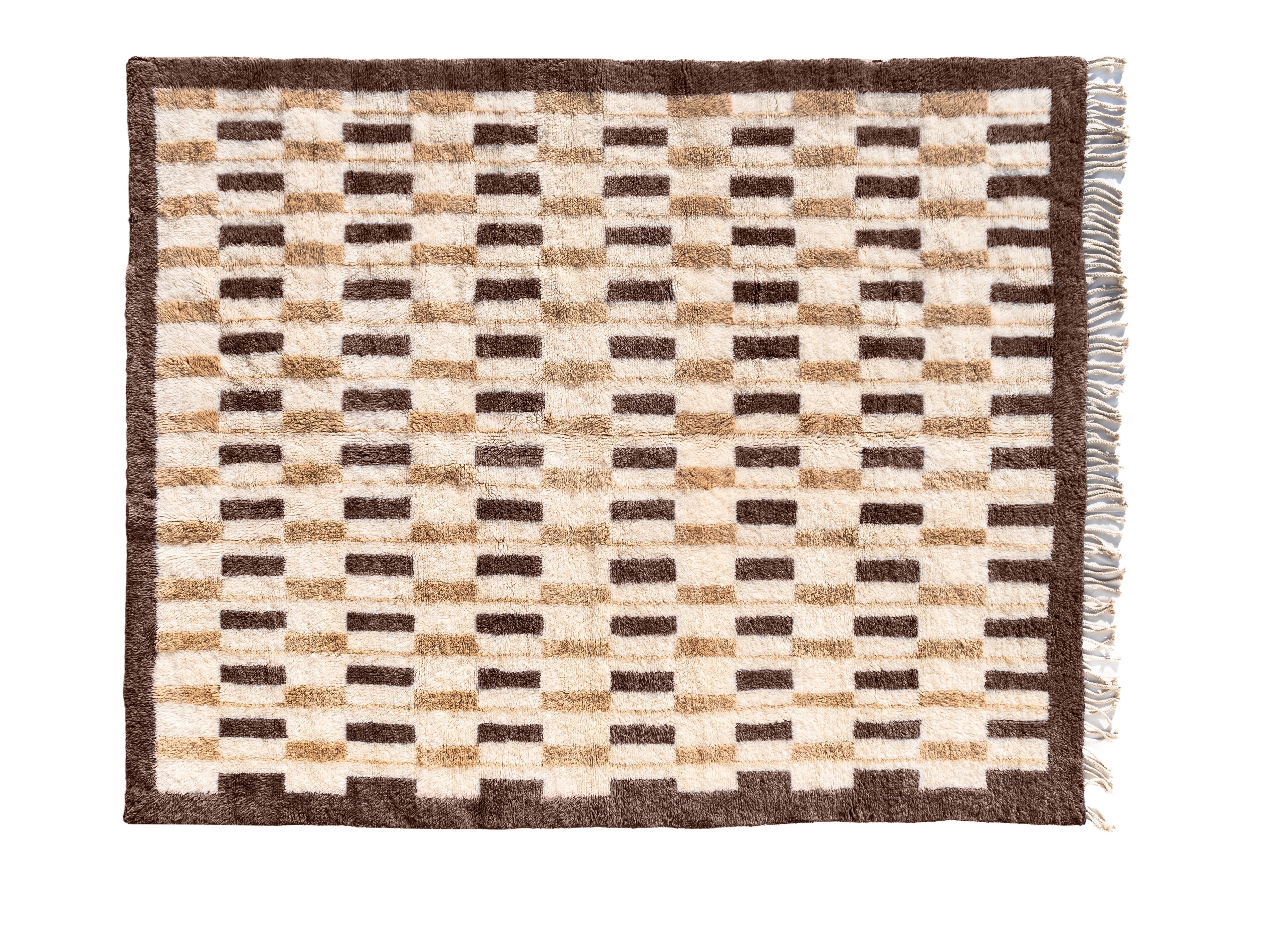 Atlas Hands Tessera rug from the Echoes of Form collection, handwoven in Morocco. Natural white wool base with bold dark brown geometric patterns.